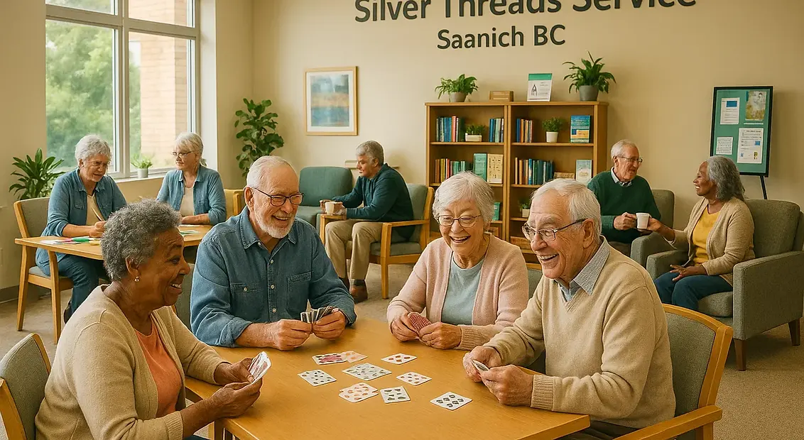Silver Threads Service Center social programs Saanich BC - Diverse seniors enjoying card games and social activities in bright accessible community room