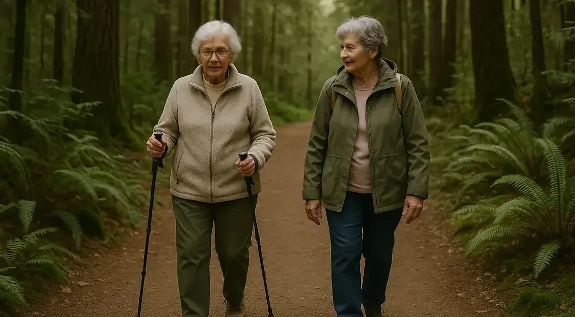 Two senior women walking leisurely on Tod Inlet forest trail with hiking poles surrounded by Pacific Northwest ferns and tall trees - accessible nature hiking for elderly Brentwood Bay BC