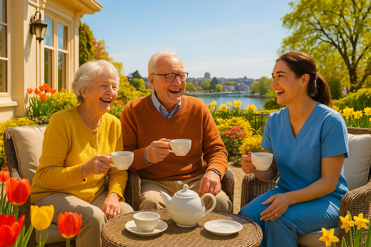 Bright welcoming Victoria BC home care scene - happy elderly couple enjoying tea with professional caregiver on sunny patio overlooking Inner Harbour with vibrant spring flowers, representing luxury senior care Victoria BC and aging at home Victoria BC services