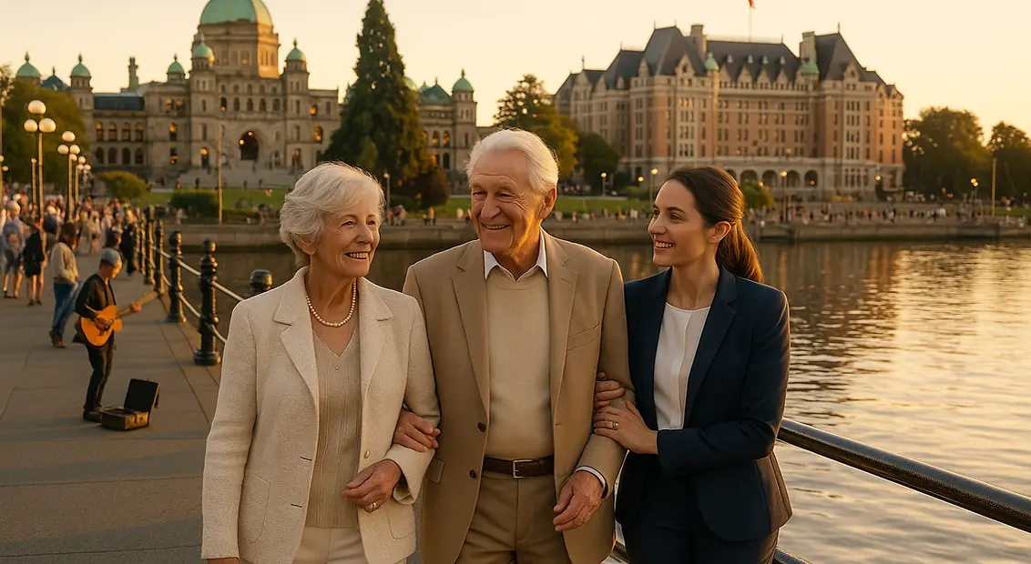 Seniors enjoying sunny Victoria Inner Harbour waterfront with caring companion care - Parliament Buildings view