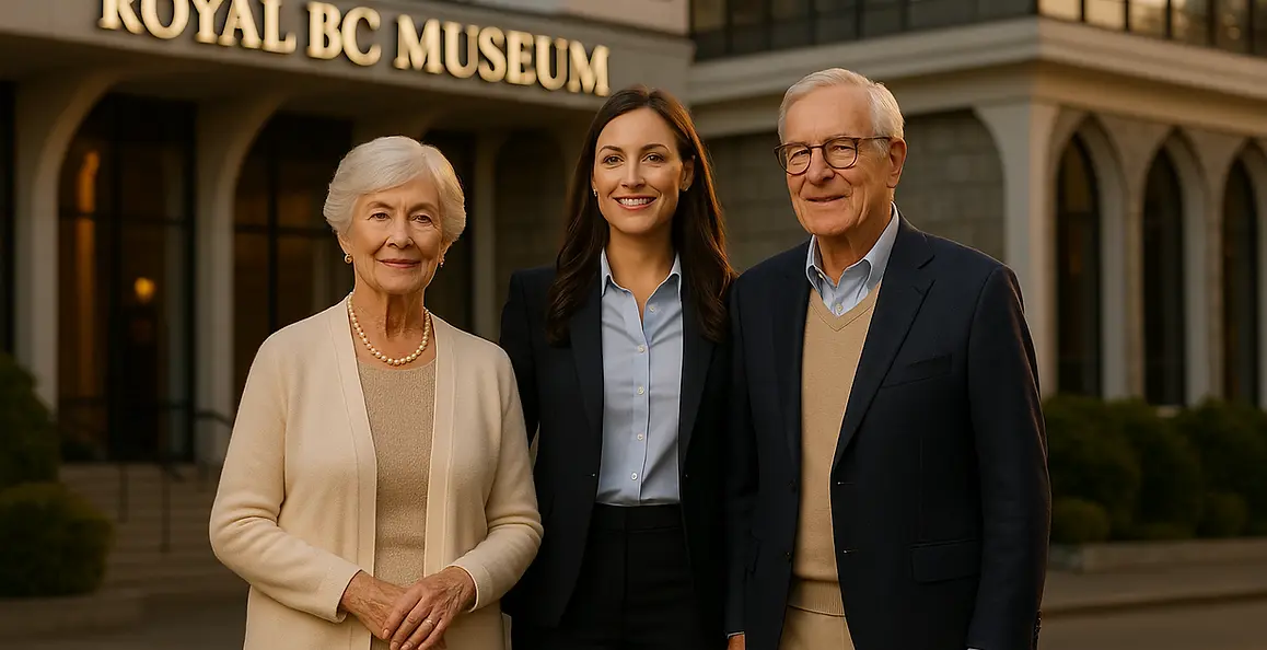 Happy seniors with friendly caregiver exploring Royal BC Museum Victoria - bright cultural experiences with companion care