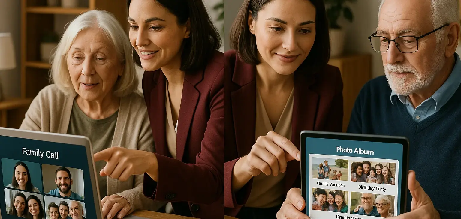 Video calling photo sharing services Victoria BC - premium home care specialist helping elderly woman with Zoom family video call and elderly man organizing digital family photo albums on tablet