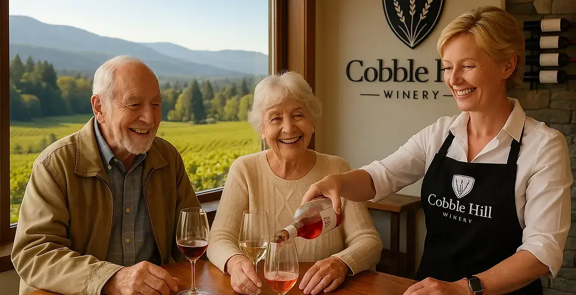 Seniors enjoying wine tasting at Cobble Hill winery with vineyard views, Cowichan Valley wine country experience