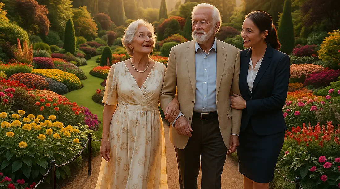 Seniors enjoying vibrant spring flowers at Butchart Gardens Victoria with caring companion - bright garden experience