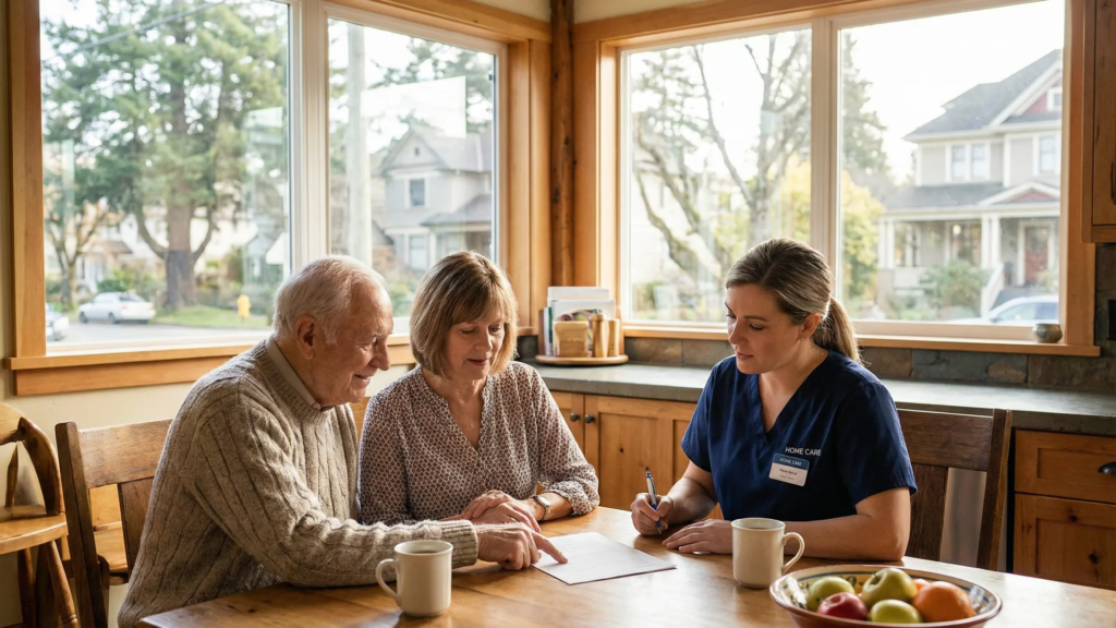  Elderly man and his adult daughter reviewing a fall prevention care plan with a home care caregiver at a kitchen table in Victoria BC