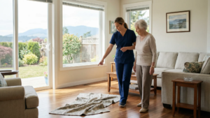 Home care caregiver conducting a fall prevention safety assessment with an elderly woman in a Victoria BC living room, pointing to a throw rug hazard