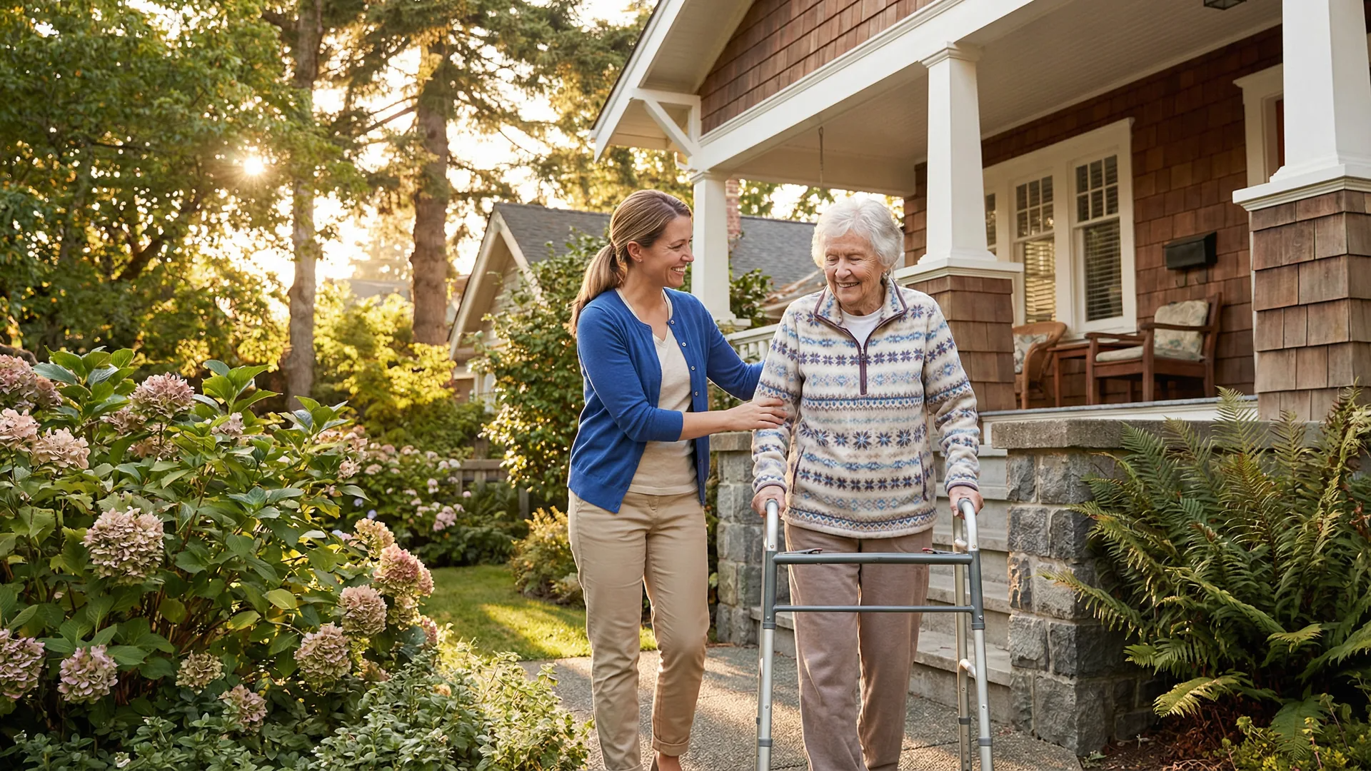 Professional home care caregiver helping elderly woman with walker arrive home after surgery in Victoria BC