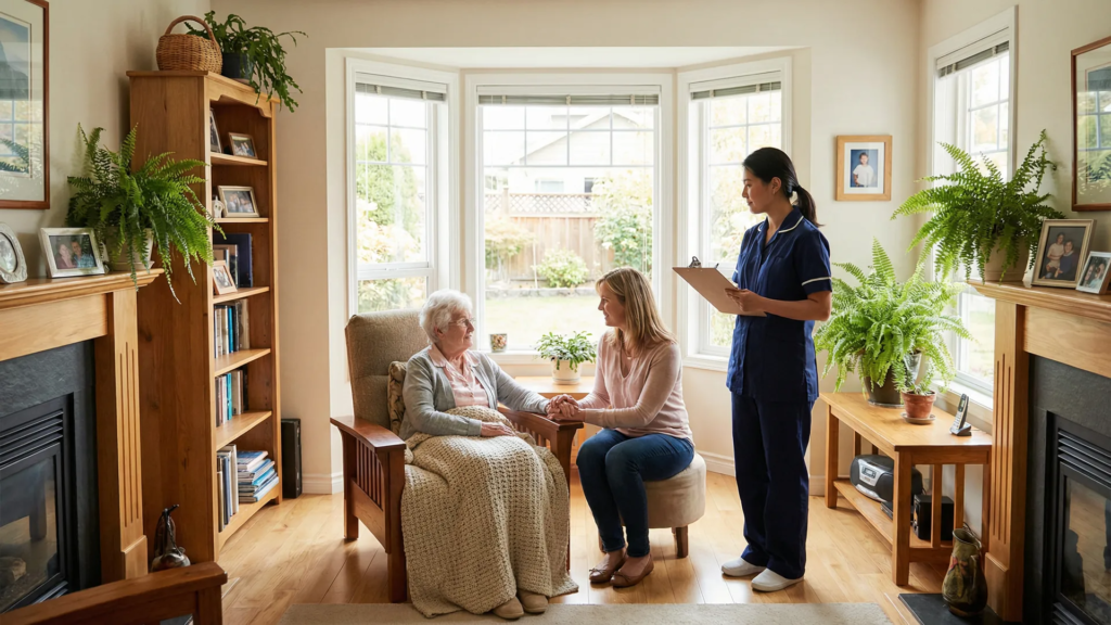 Elderly woman recovering from surgery at home in Victoria BC with her adult daughter and a professional home care caregiver reviewing her care plan