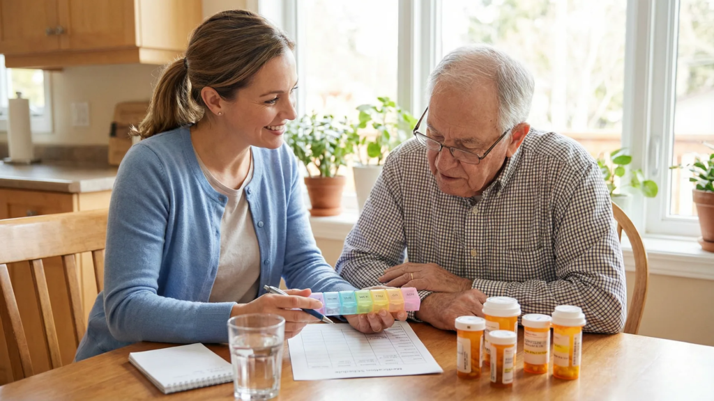 Home care caregiver organizing weekly pill organizer and medication schedule for elderly man recovering from surgery in Victoria BC