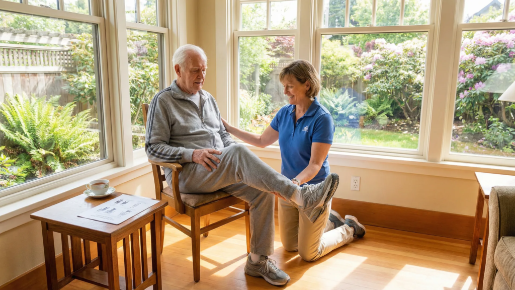 Elderly man doing prescribed physiotherapy leg exercises at home in Victoria BC with home care caregiver support after hip replacement surgery