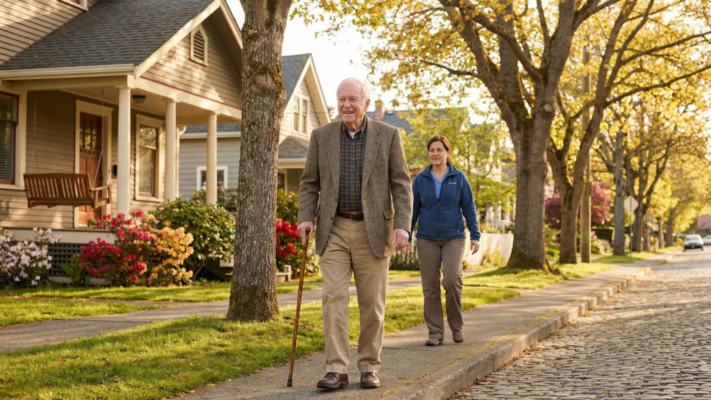 Senior man walking confidently with a cane along a tree-lined Victoria BC street with a home care caregiver nearby during post-surgery recovery