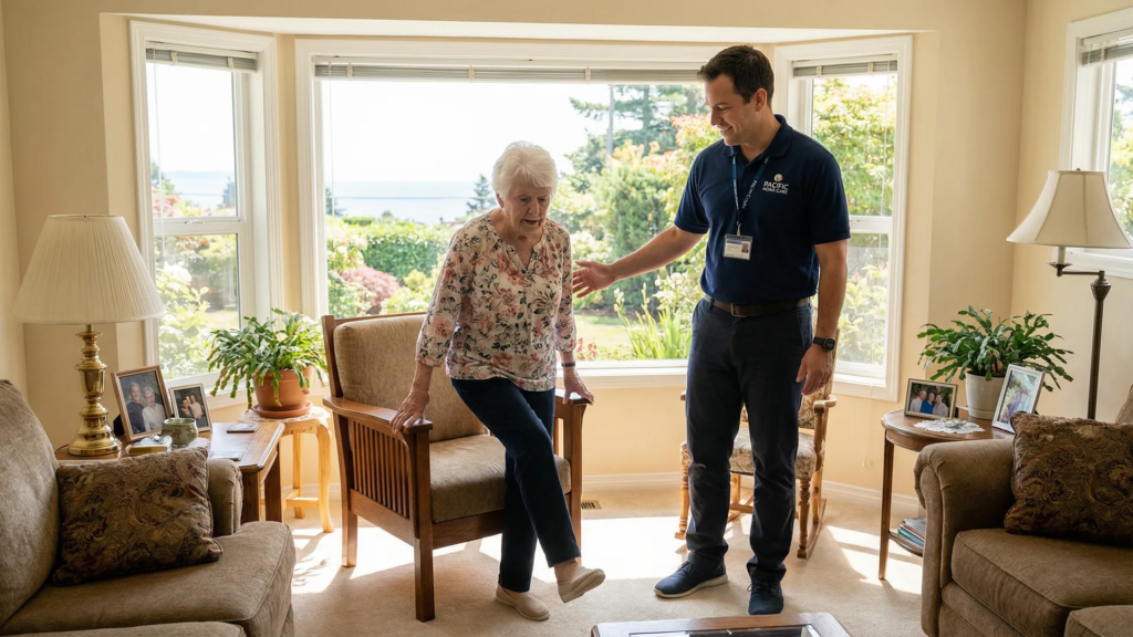 Home care caregiver supporting an elderly woman doing standing balance exercises using a chair for stability in a bright Victoria BC living room