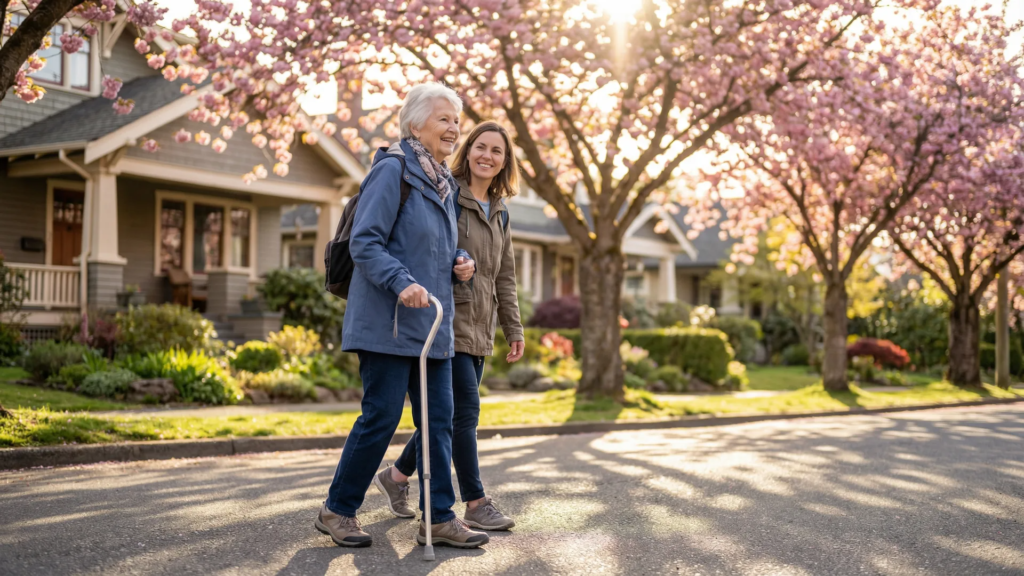 Confident elderly woman walking independently with a cane along a cherry blossom-lined street in Oak Bay Victoria BC with a home care caregiver nearby