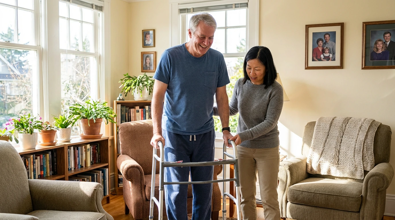 Stroke recovery at home Victoria BC - patient doing physical therapy with walker and professional physiotherapist in bright living room