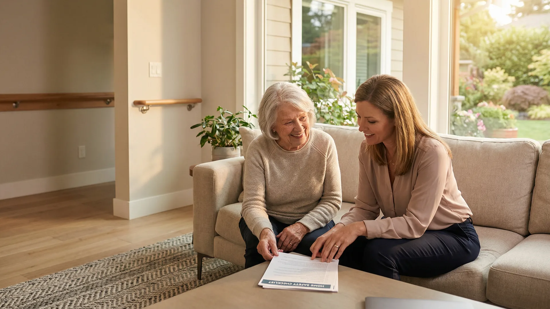 Elderly woman and her adult daughter reviewing a home safety checklist together in a bright Victoria BC living room to plan for aging in place
