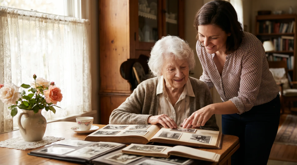 Executive Home Care caregiver using reminiscence therapy with a senior client looking at old photographs in Victoria BC