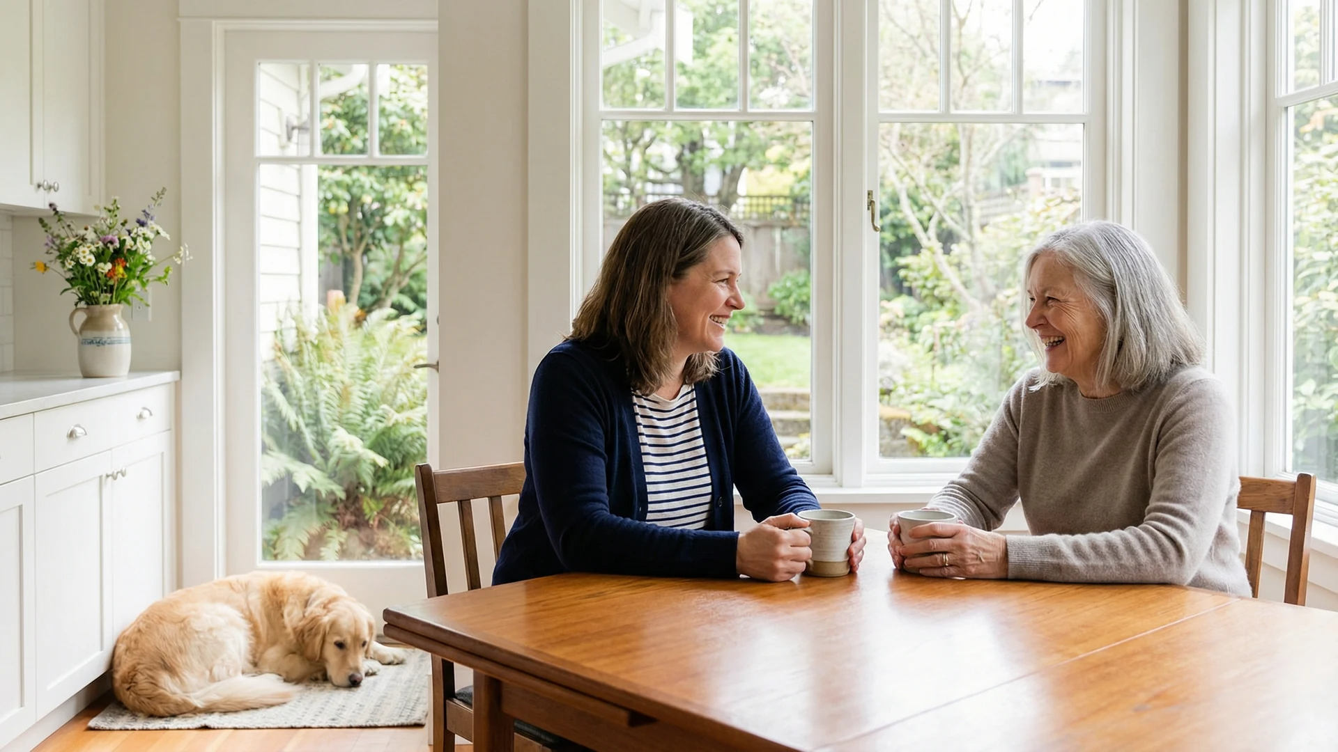 Executive Home Care caregiver sharing morning coffee with senior client in a warm Victoria BC heritage home kitchen