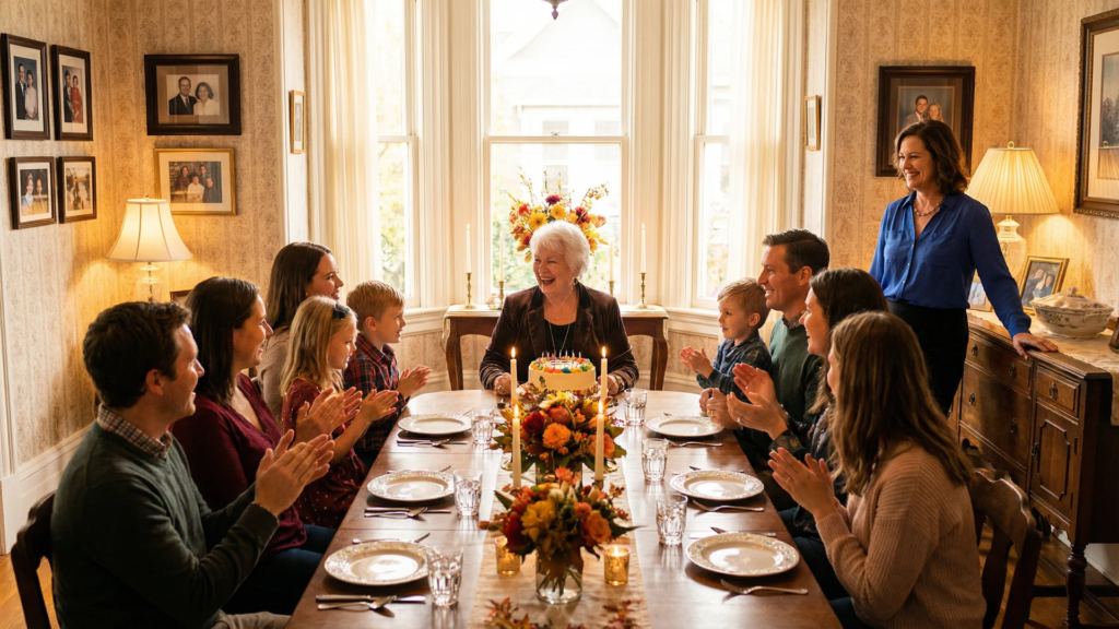 Multigenerational family birthday celebration organized by Executive Home Care caregiver in a Victoria BC heritage home dining room