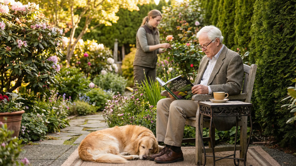 Distinguished senior man reading in a lush Victoria BC Pacific Northwest garden with golden retriever at his feet and Executive Home Care caregiver present in background
