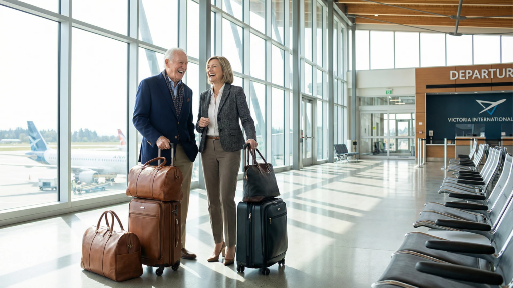 Executive Home Care travel companion and senior client laughing together at Victoria International Airport departure terminal with luggage