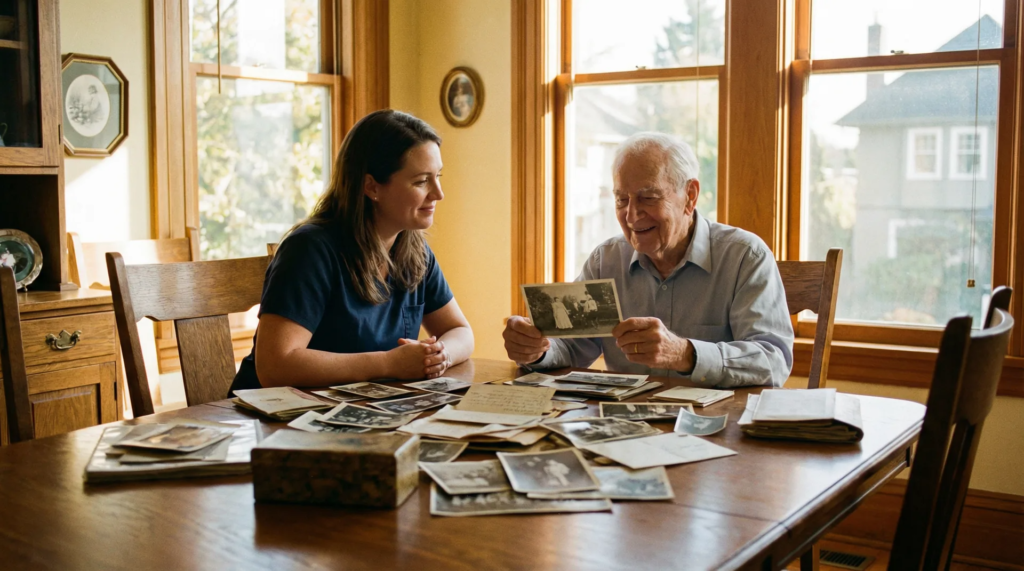 Senior downsizing Victoria BC caregiver sitting beside an elderly man at a dining table in a Victoria BC heritage home, listening attentively as he holds a cherished black-and-white family photograph during the downsizing process