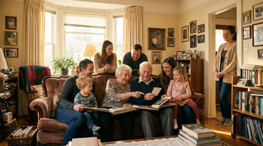Multigenerational family gathered in the living room of a Victoria BC heritage home, laughing and looking through old photo albums together with an elderly couple at the centre, with an Executive Home Care caregiver visible in the background