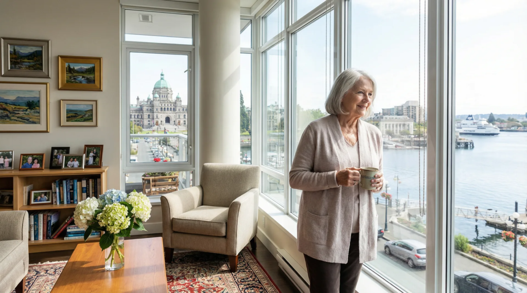 Senior woman standing in her beautifully arranged new downtown Victoria BC condominium with floor-to-ceiling windows overlooking the Inner Harbour and BC Legislature, holding a cup of tea and smiling contentedly after a successful downsizing transition