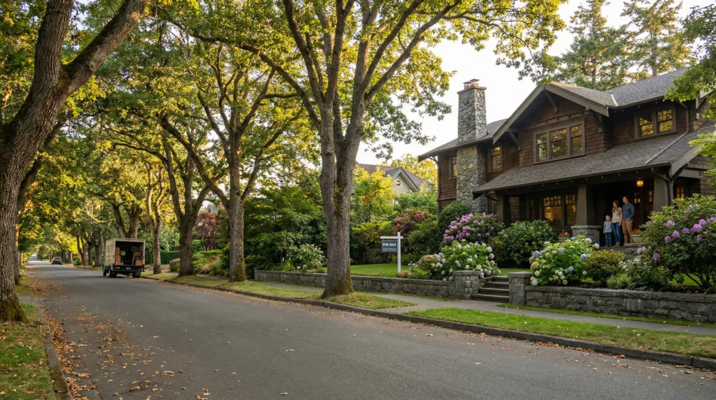 Senior woman standing in her beautifully arranged new downtown Victoria BC condominium with floor-to-ceiling windows overlooking the Inner Harbour and BC Legislature, holding a cup of tea and smiling contentedly after a successful downsizing transition