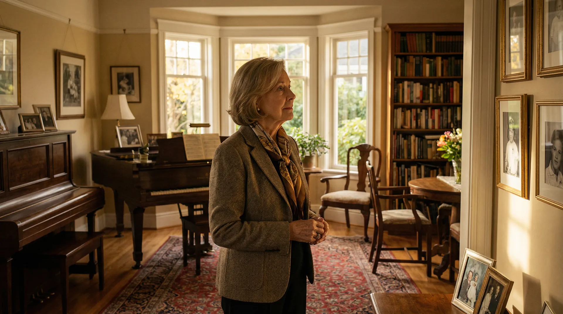 Elegant senior woman standing thoughtfully in the living room of her Victoria BC heritage home surrounded by decades of cherished family photographs, antique furniture, and a grand piano before downsizing