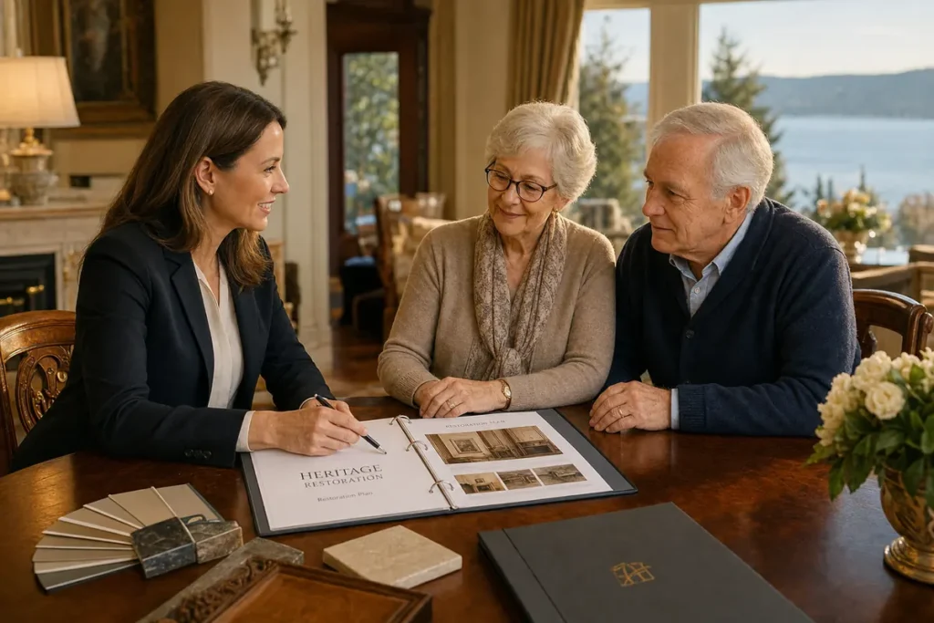 Executive Home Care consultant reviewing surface restoration plan with senior couple in Victoria BC