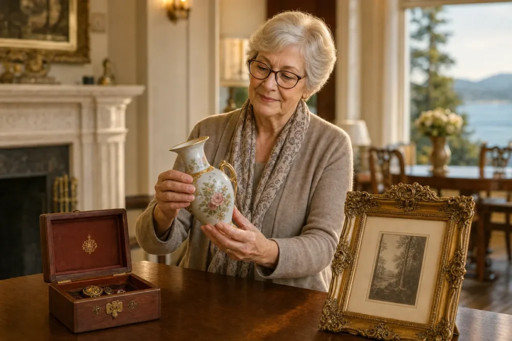 Senior woman holding antique porcelain vase for heirloom restoration in Victoria BC