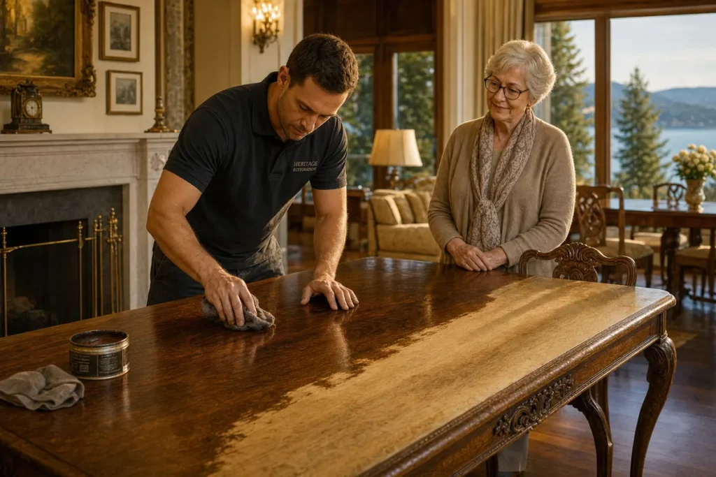 Expert wood refinishing and antique dining table restoration for seniors in Victoria BC