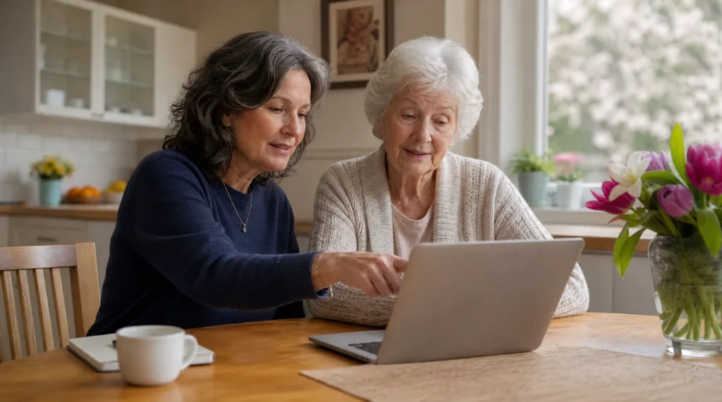 Adult daughter in Victoria BC helping her elderly mother set up online safety features on a laptop