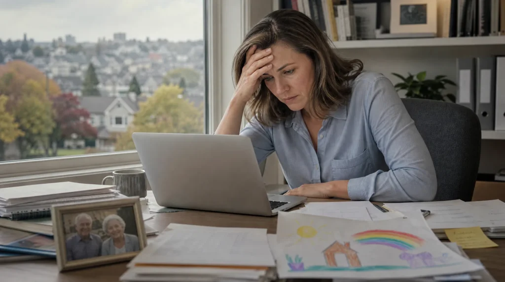 Stressed adult daughter balancing work and caregiving responsibilities for aging parents in Victoria BC