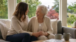 Dignified elderly woman in Victoria BC wearing a sleek, modern medical alert pendant while smiling with her adult daughter