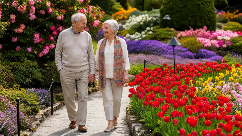 Happy senior couple enjoying Butchart Gardens walking path surrounded by vibrant red tulips, pink flowers, and lush garden landscape