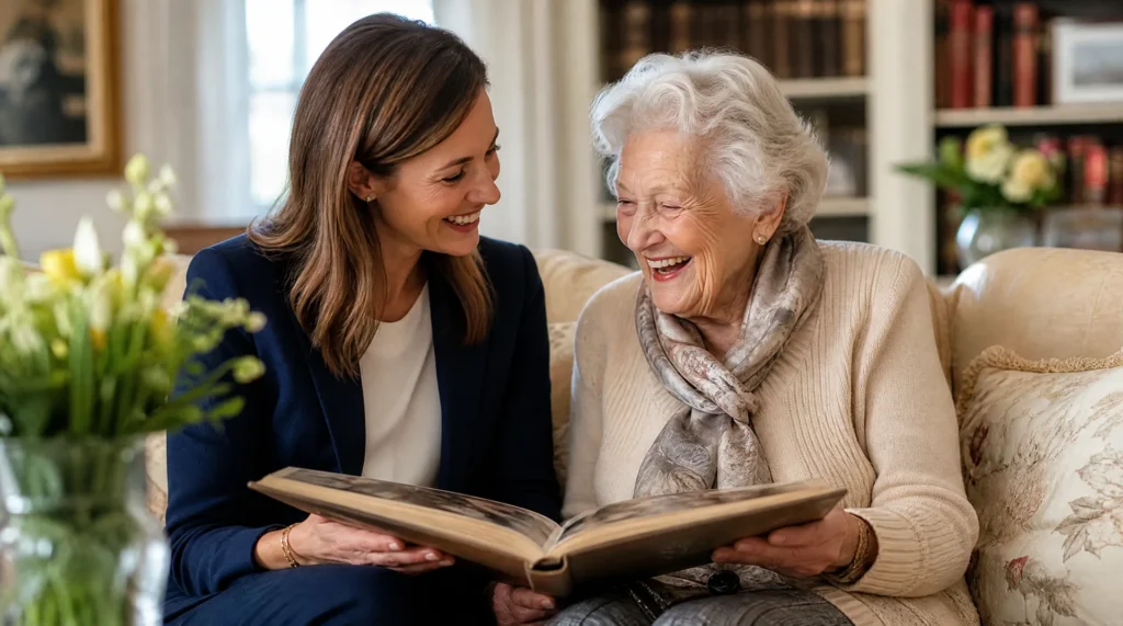 Executive Home Care professional looking at a photo album with a senior client in Victoria BC