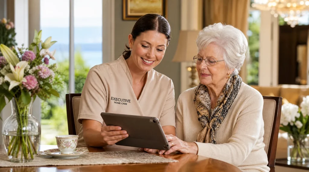 Executive Home Care professional helping a senior client navigate a tablet safely in Victoria BC