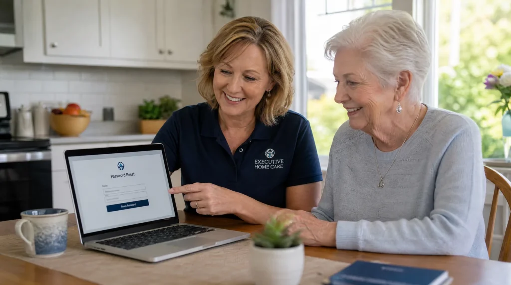 Professional Executive Home Care caregiver patiently helping an elderly woman navigate a password reset page on a laptop in Victoria BC