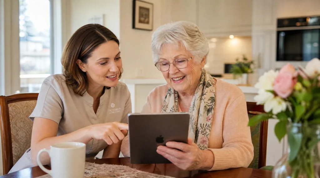 Executive Home Care caregiver helping a senior client learn to use a tablet for video calling in Victoria BC