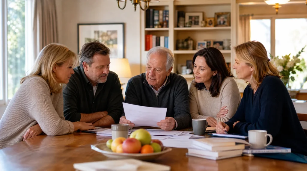 Adult siblings and their elderly father discussing a senior care plan together in Victoria BC