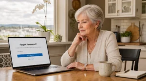 Dignified elderly woman in Victoria BC sitting at a kitchen table looking calmly at a laptop screen showing a forgot password login page