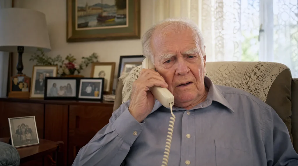 Elderly man in Victoria BC holding a landline phone with a worried expression during a grandparent scam call