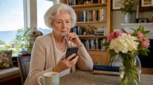 Elderly woman in Victoria BC looking thoughtfully at a smartphone, evaluating a suspicious message