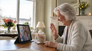 Elderly woman in Victoria BC smiling while video calling her grandchildren on a tablet