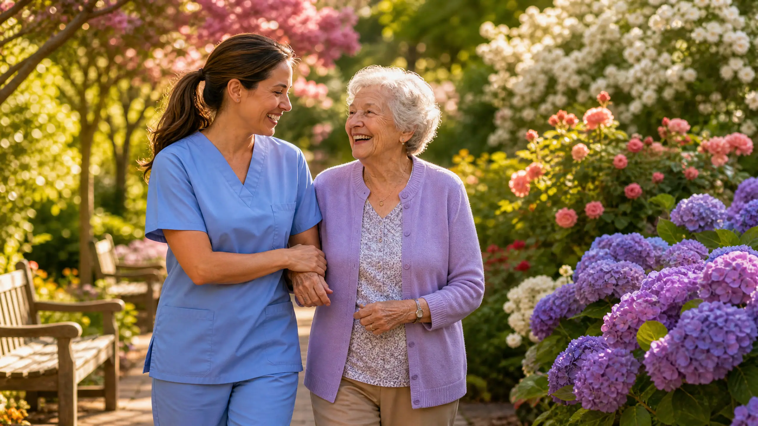Professional caregiver and senior woman enjoying quality time together in a vibrant garden with purple hydrangeas and colorful flowers