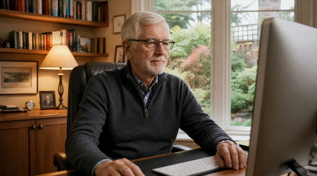 Dignified elderly man in Victoria BC confidently using a desktop computer in a secure home office