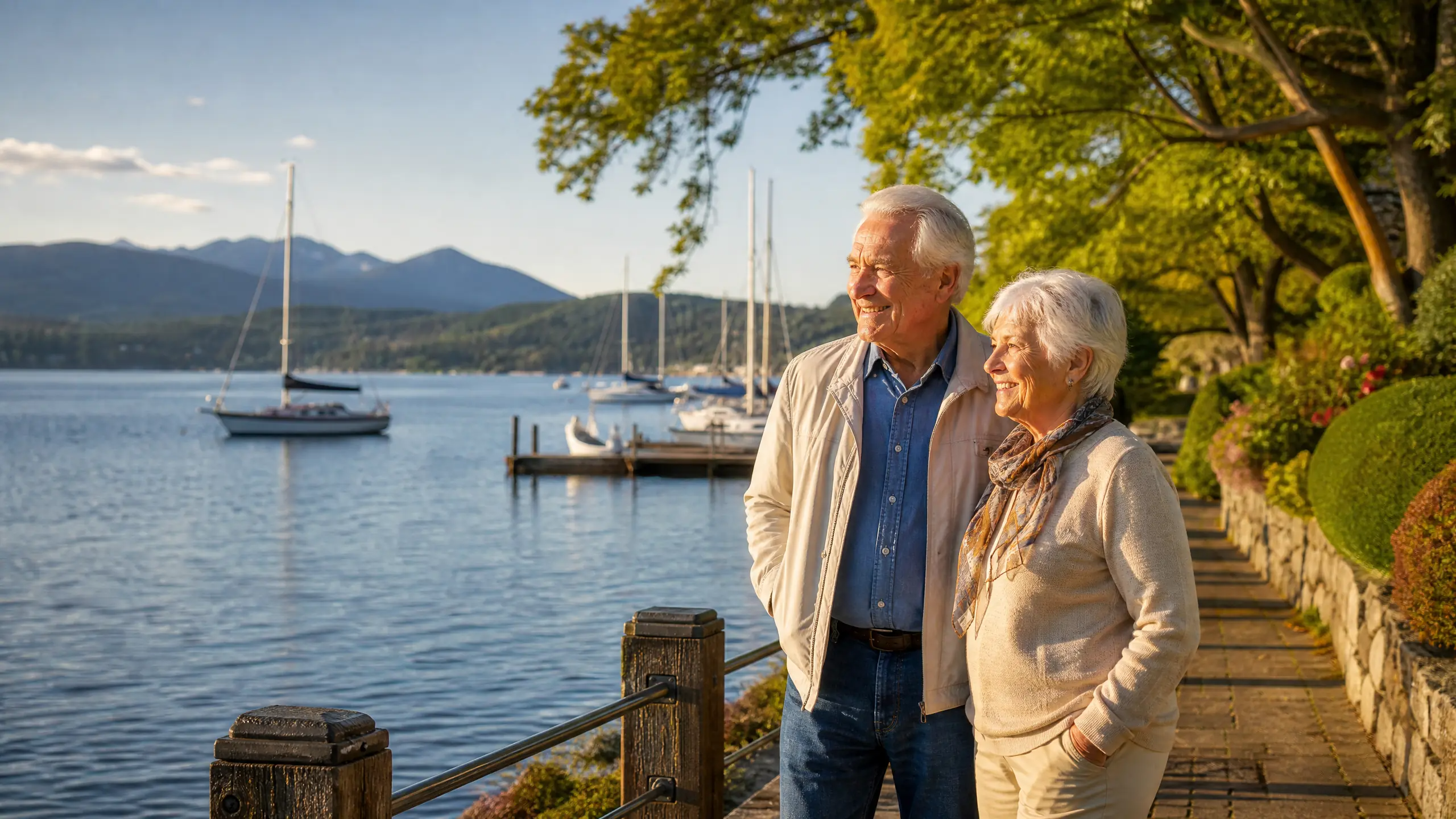Happy senior couple enjoying the Brentwood Bay waterfront with sailboats and mountains in background