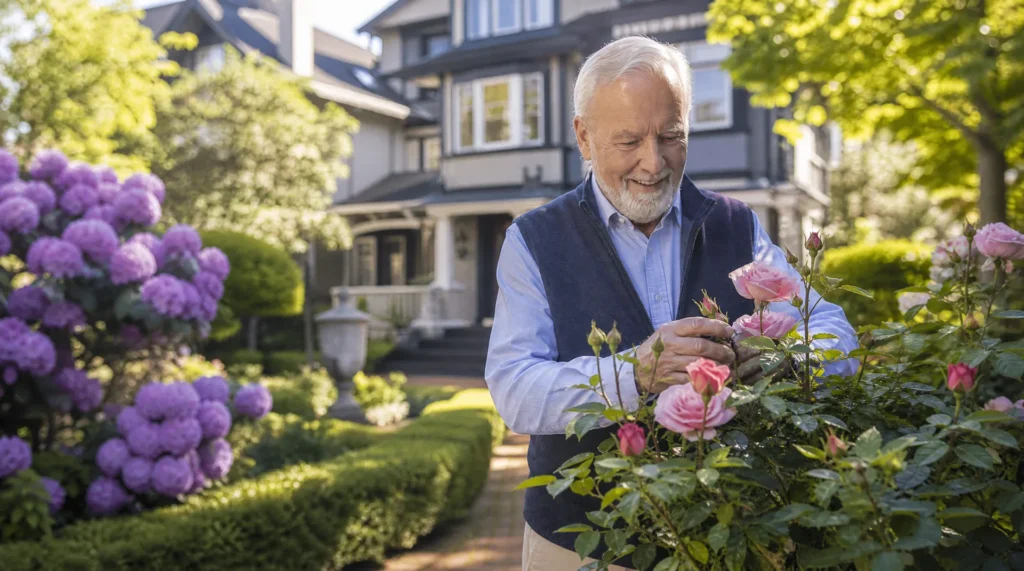 Elderly man enjoying his garden in Victoria BC, demonstrating how home care supports senior independence