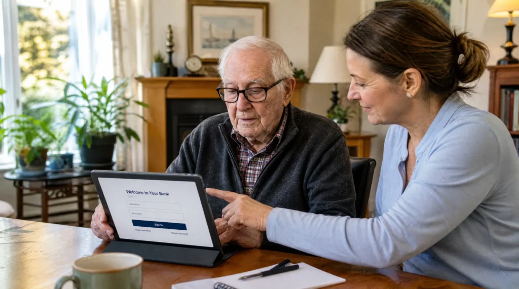Elderly man in Victoria BC looking at an online banking login page on a tablet while a patient female caregiver helps him navigate